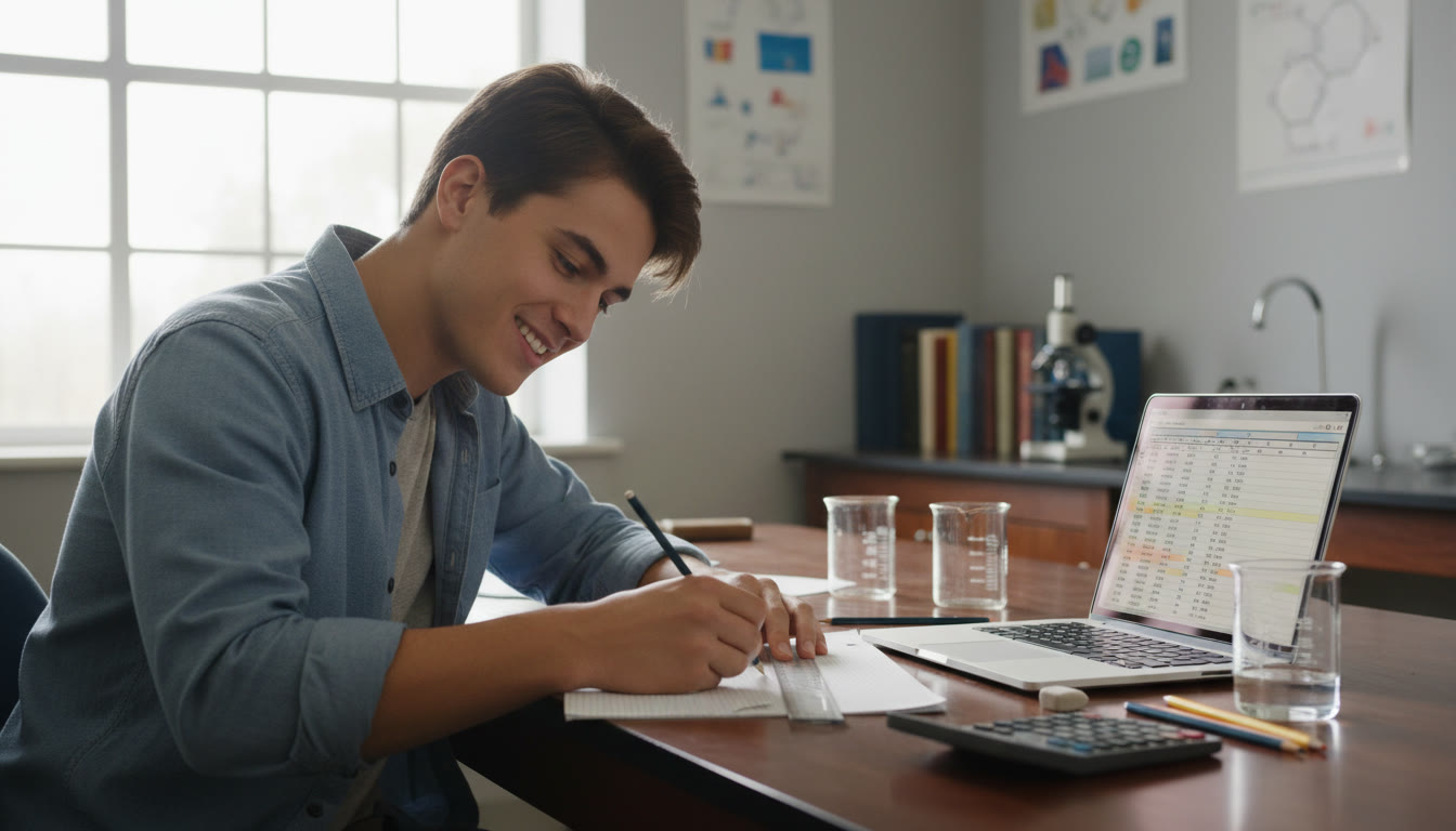 Photo Idea : A student at a lab bench sketching a graph on graph paper with a laptop open to a spreadsheet—natural light, pencils, ruler, and a small beaker in view to give the scene a practical, study-focused vibe.