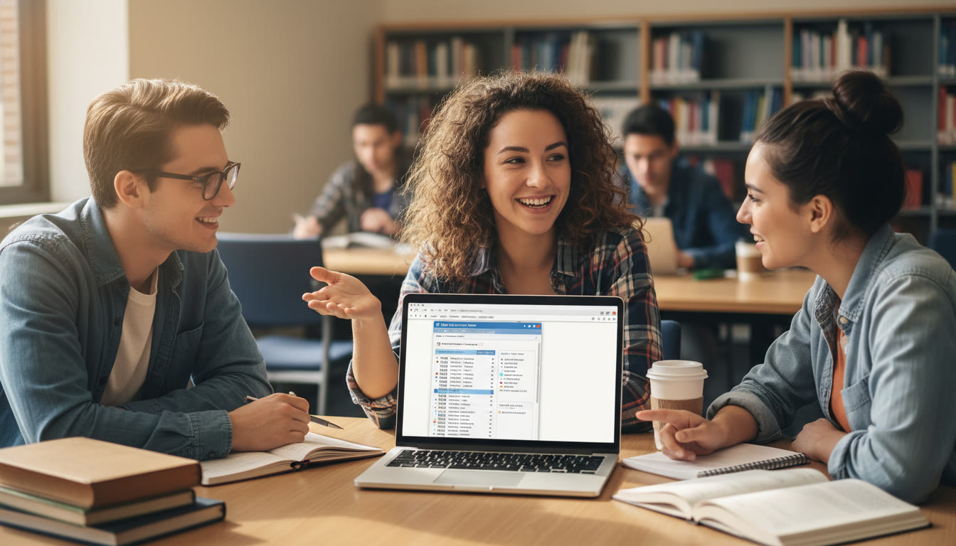 Photo Idea : A small group of students practicing an oral defense with a laptop showing a bibliography manager on screen — emphasizes collaboration and presentation prep.