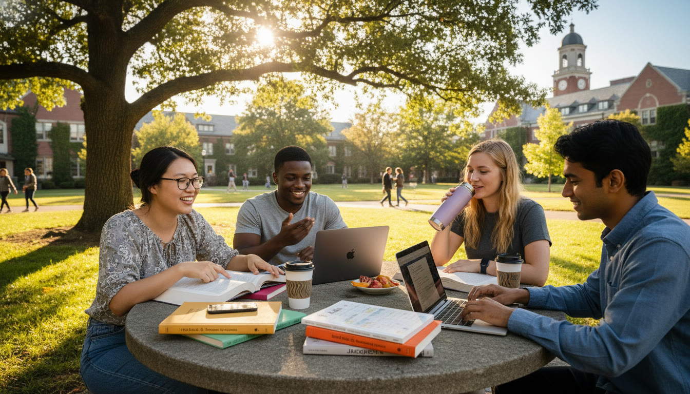 Photo Idea : A bright campus scene showing a small, diverse study group meeting outdoors with language textbooks and laptops open — conveys collaboration, culture, and college life.