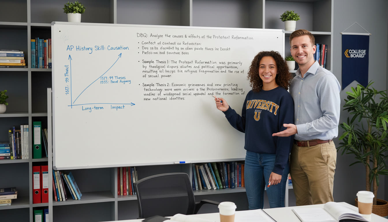 Photo Idea : A student and tutor reviewing a DBQ on a whiteboard, with sample thesis statements and a hand-drawn AP-style graph nearby—captures active tutoring and feedback in the study process.