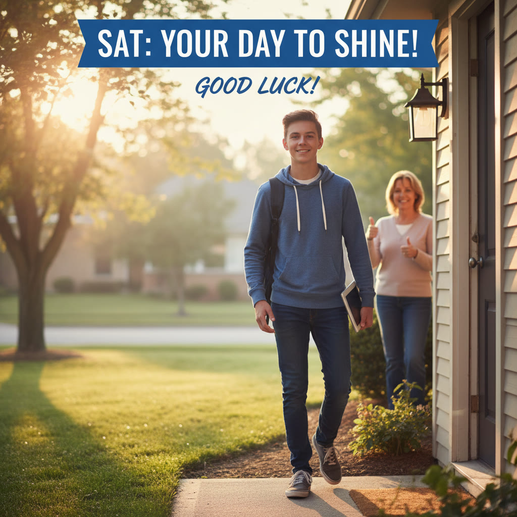 Photo Idea : A calm, early-morning photo of a student leaving for test day, backpack and digital tablet in hand, with a reassuring parental figure giving a supportive thumbs-up in the background.