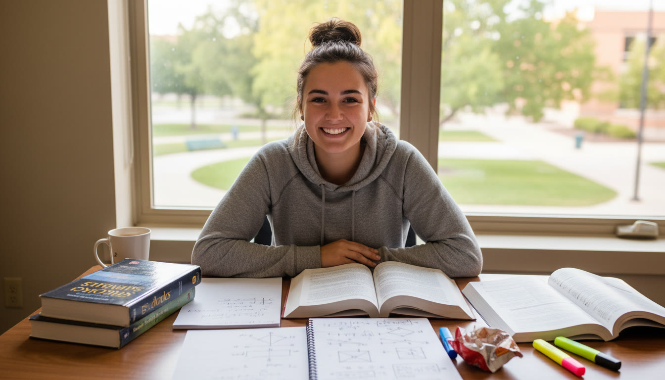 Photo Idea : A student at a desk with calculus notes and a physics textbook open, a diagram of forces and vectors sketched on a notepad — natural study environment, warm light.