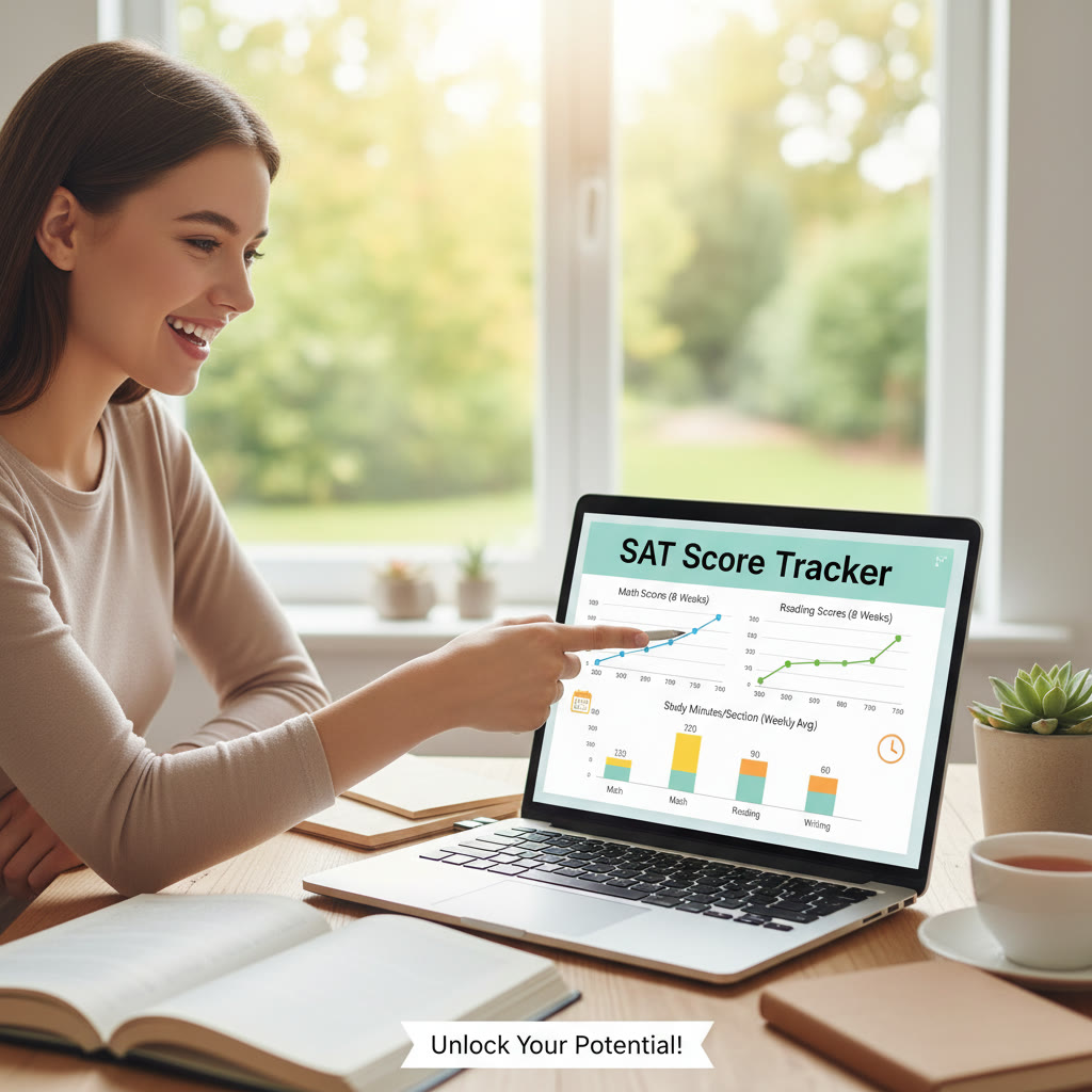 Screenshot of a spreadsheet dashboard showing line charts for Math and Reading scores over 8 weeks and a bar chart of study minutes per section