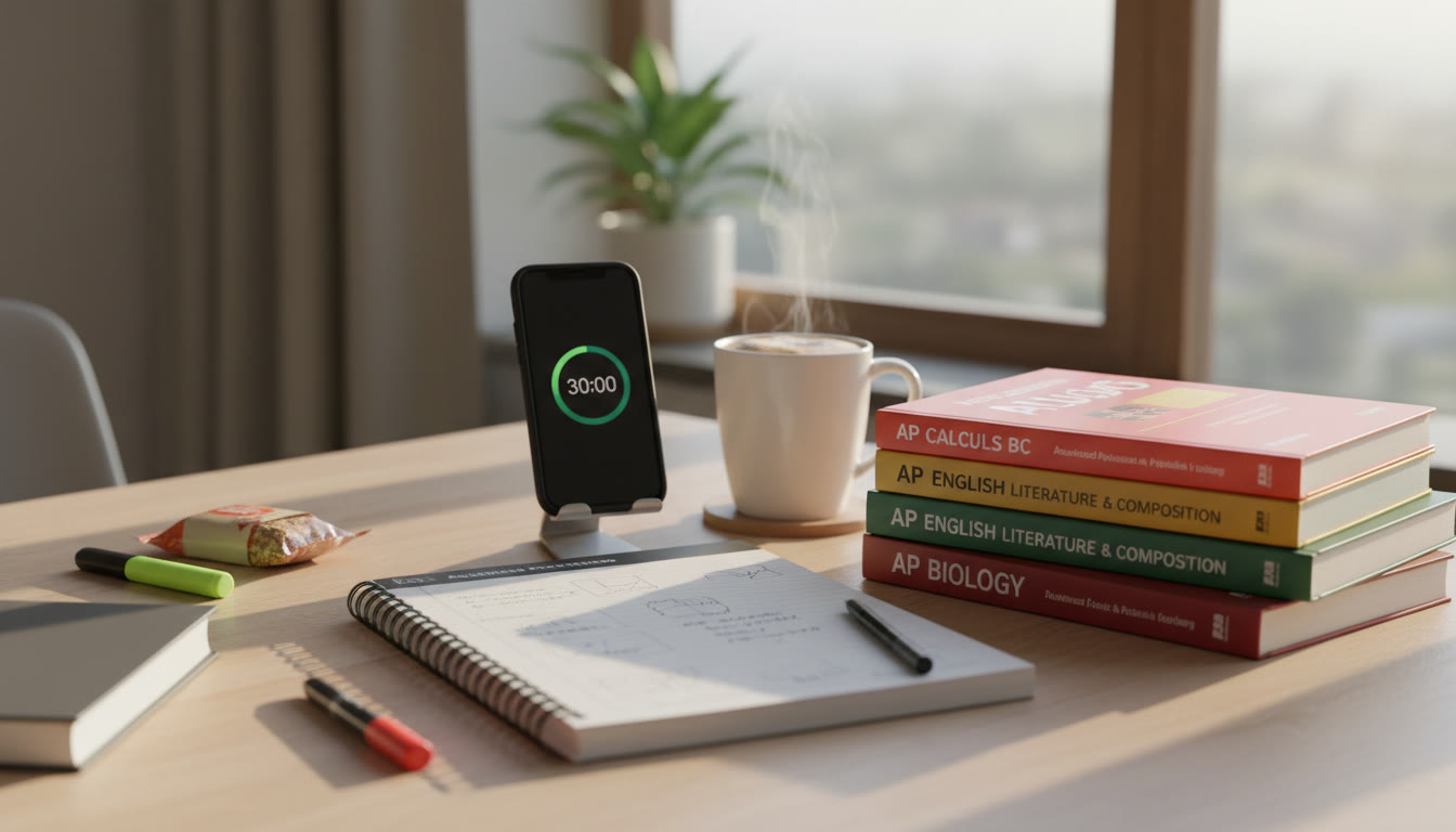 Photo Idea : A warm study scene showing a notebook, a phone with a timer app, and a stack of AP subject books on a desk beside a morning coffee—captures the approachable, everyday nature of the Loop.