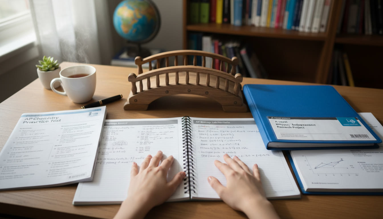 Photo Idea : A calm desk scene showing a student reviewing a portfolio of lab notes, an AP practice test, and an A Level coursework binder — symbolizing the bridge between breadth and depth.