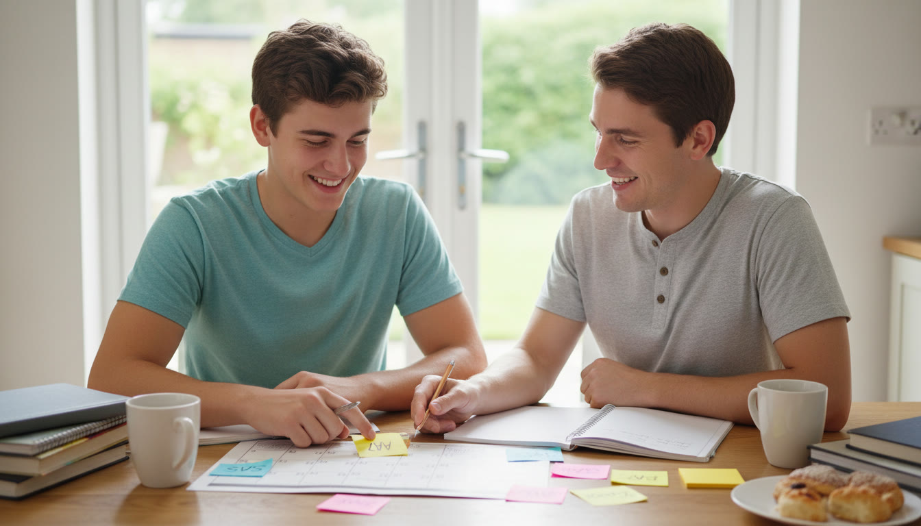 Photo Idea : A parent and student reviewing a calendar and study plan at a kitchen table, with sticky notes labeled  AP,   SAT,  and  Boards    conveys collaboration and planning in the middle/late part of the article.