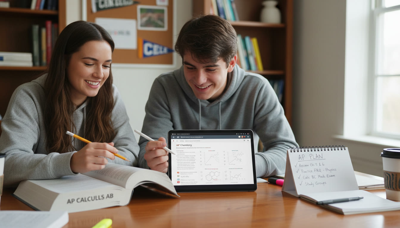 Photo Idea : A close-up of a shared study session: a tutor and student at a table, AP textbooks open, a tablet showing practice questions, and a notepad with a checklist labeled “AP Plan.” Warm, collaborative vibe to highlight personalized tutoring.