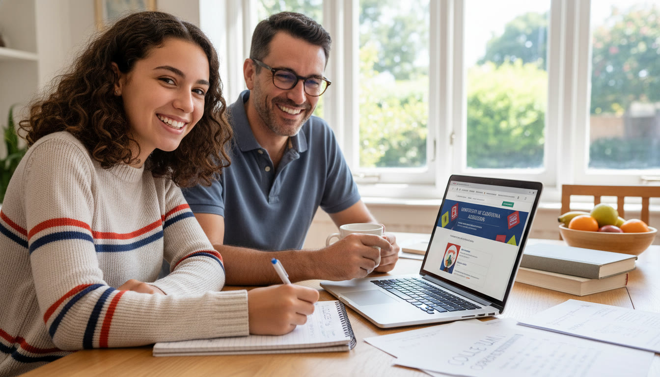 Photo Idea : A parent and teen at a kitchen table, laptop open to a university admissions page, jotting down notes — shows collaborative planning and practical steps.