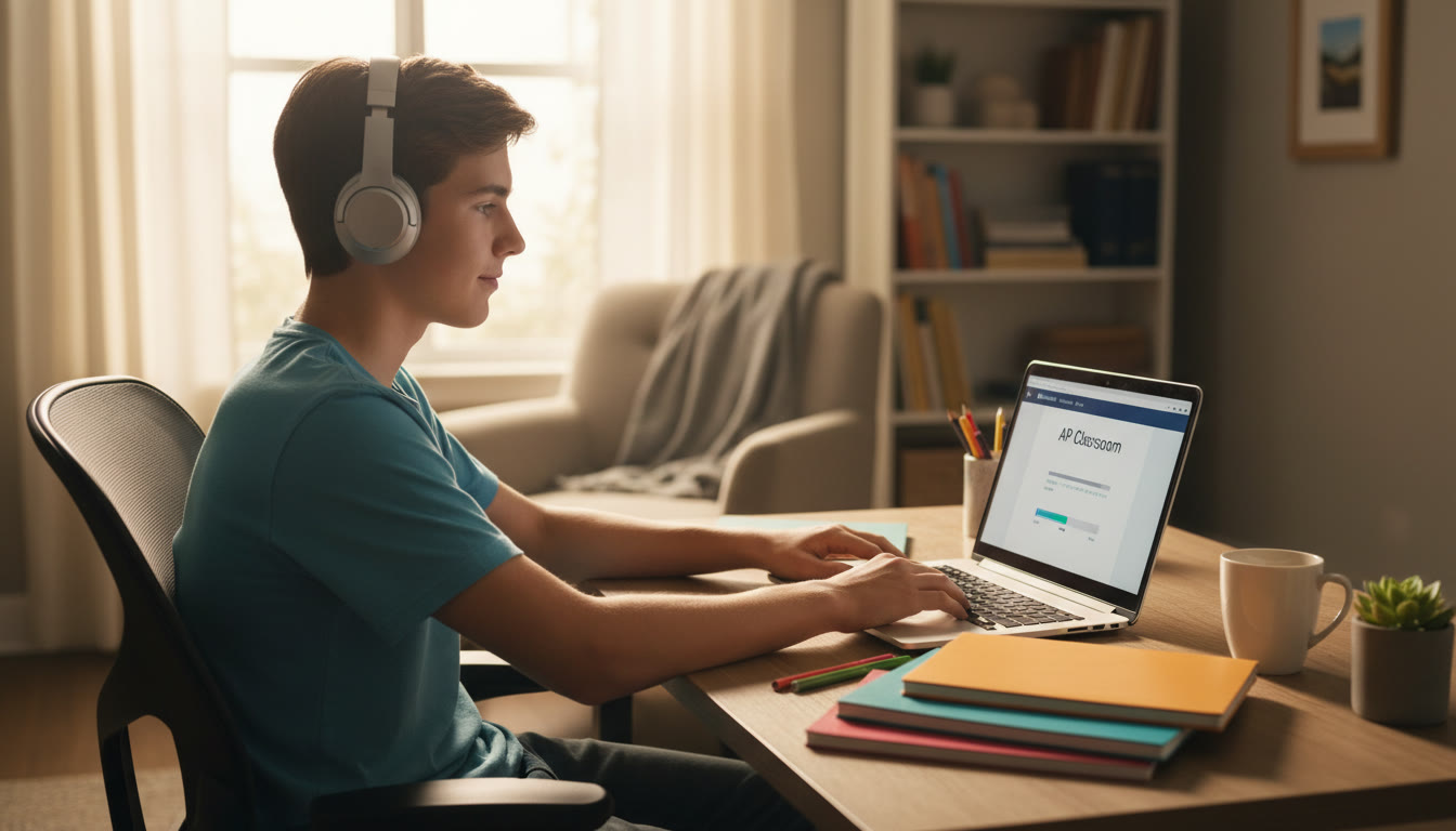 Photo Idea : A teenager at a tidy desk near a sunny window, headphones on, with neatly arranged notebooks and a laptop. The scene should feel calm and focused, showing a realistic study posture and a supportive home environment.