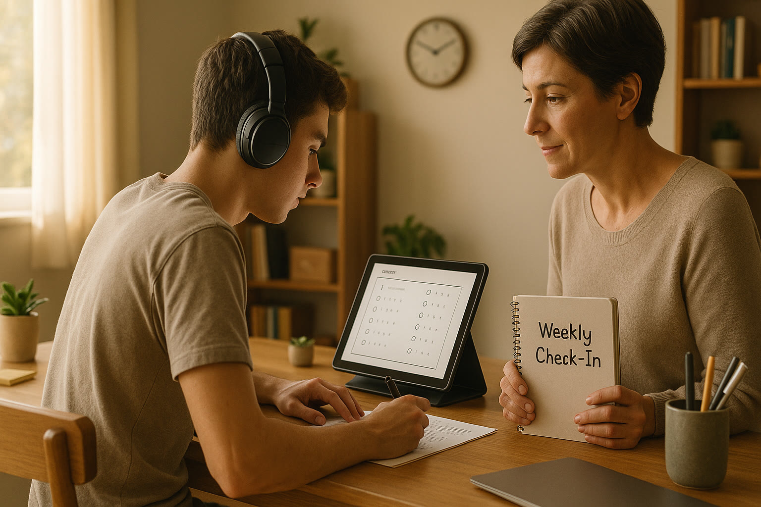 Photo Idea : A quiet study nook showing a student working with headphones and a tablet open to a practice test, and a parent nearby holding a notebook labeled 'Weekly Check‑In'.