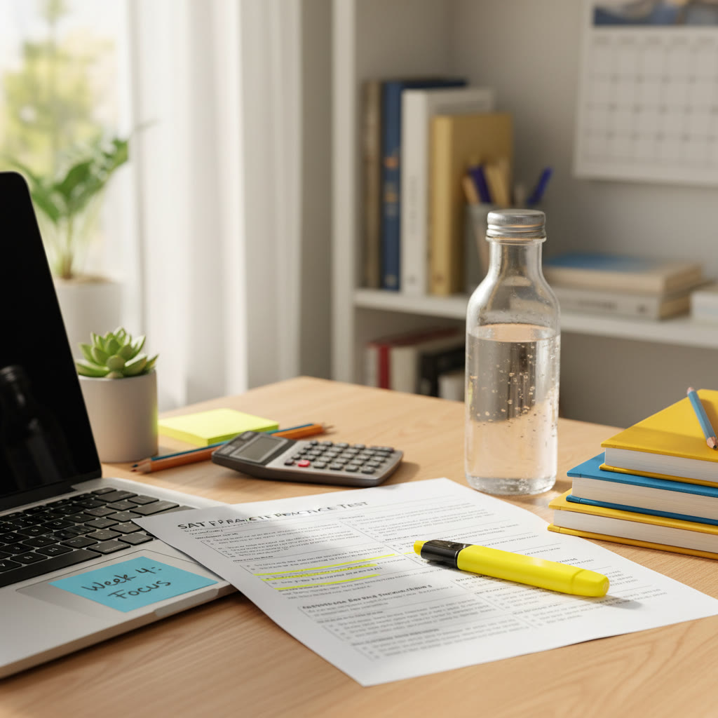 Photo idea: A tidy desk with a printed SAT practice test, highlighter, water bottle, and a sticky note that says