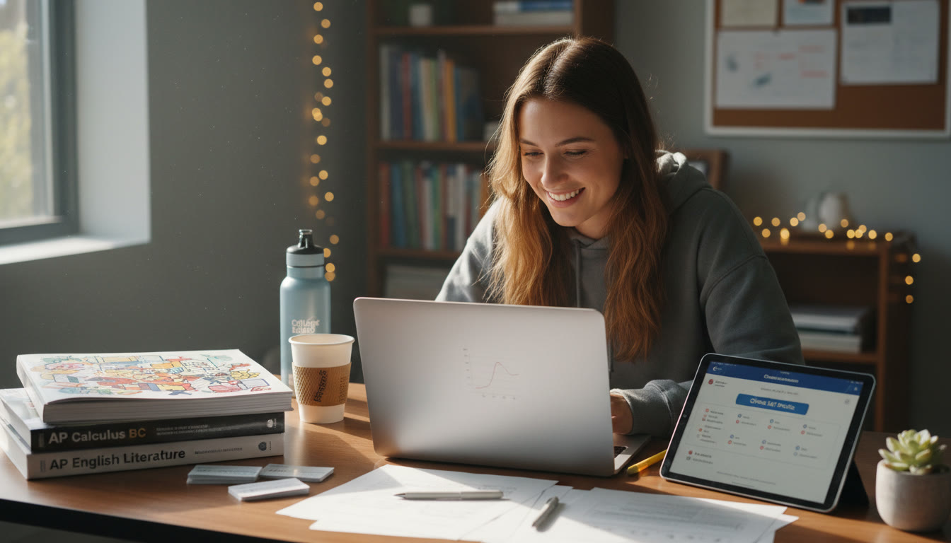 Photo Idea : A bright, inviting workspace showing a student at a laptop with a printed portfolio, AP study materials, and a digital tablet displaying SAT practice   illustrating the hybrid approach.