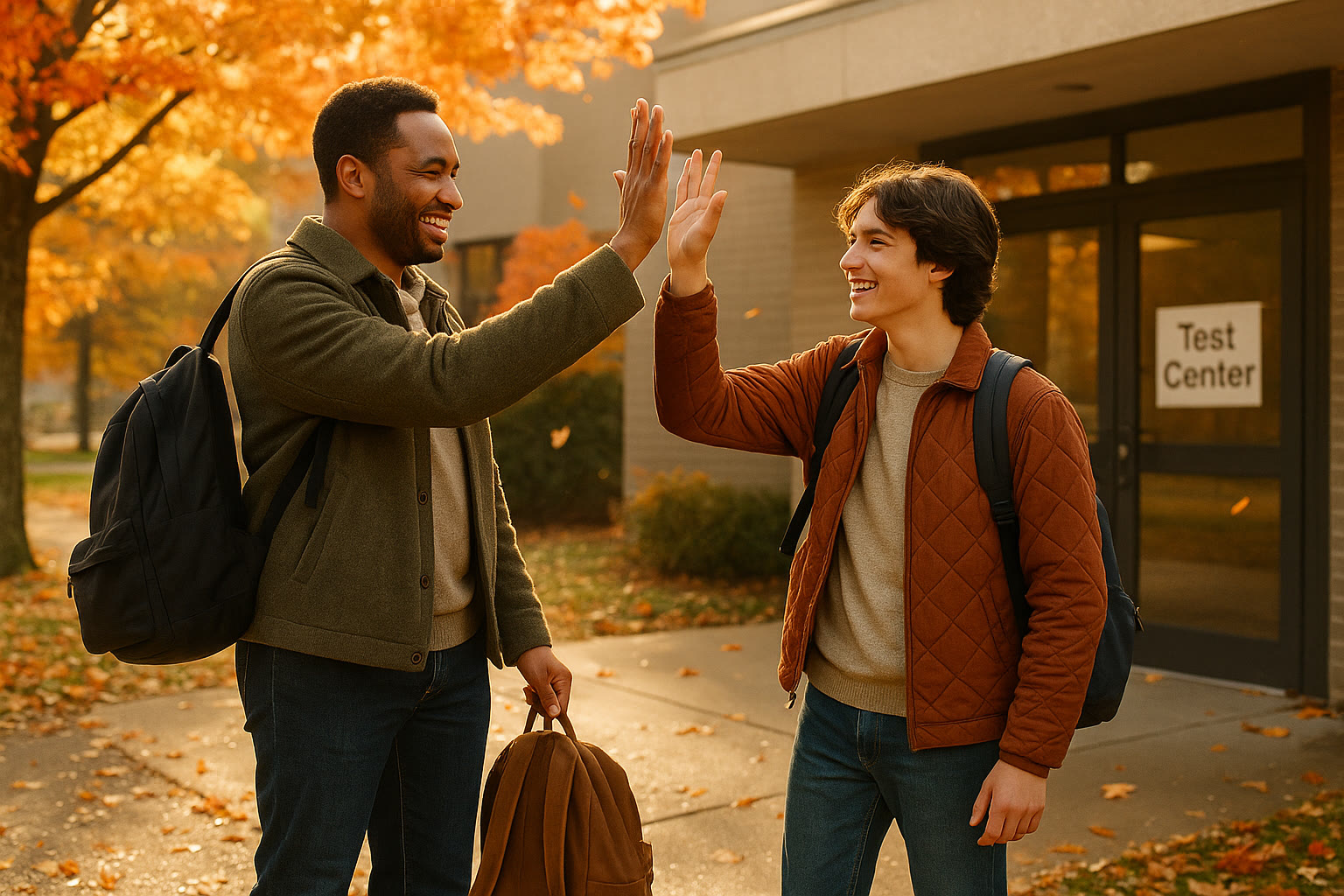Photo Idea : A parent high-fiving their teen outside a test center, backpacks in hand, a fall afternoon — warm, encouraging mood.
