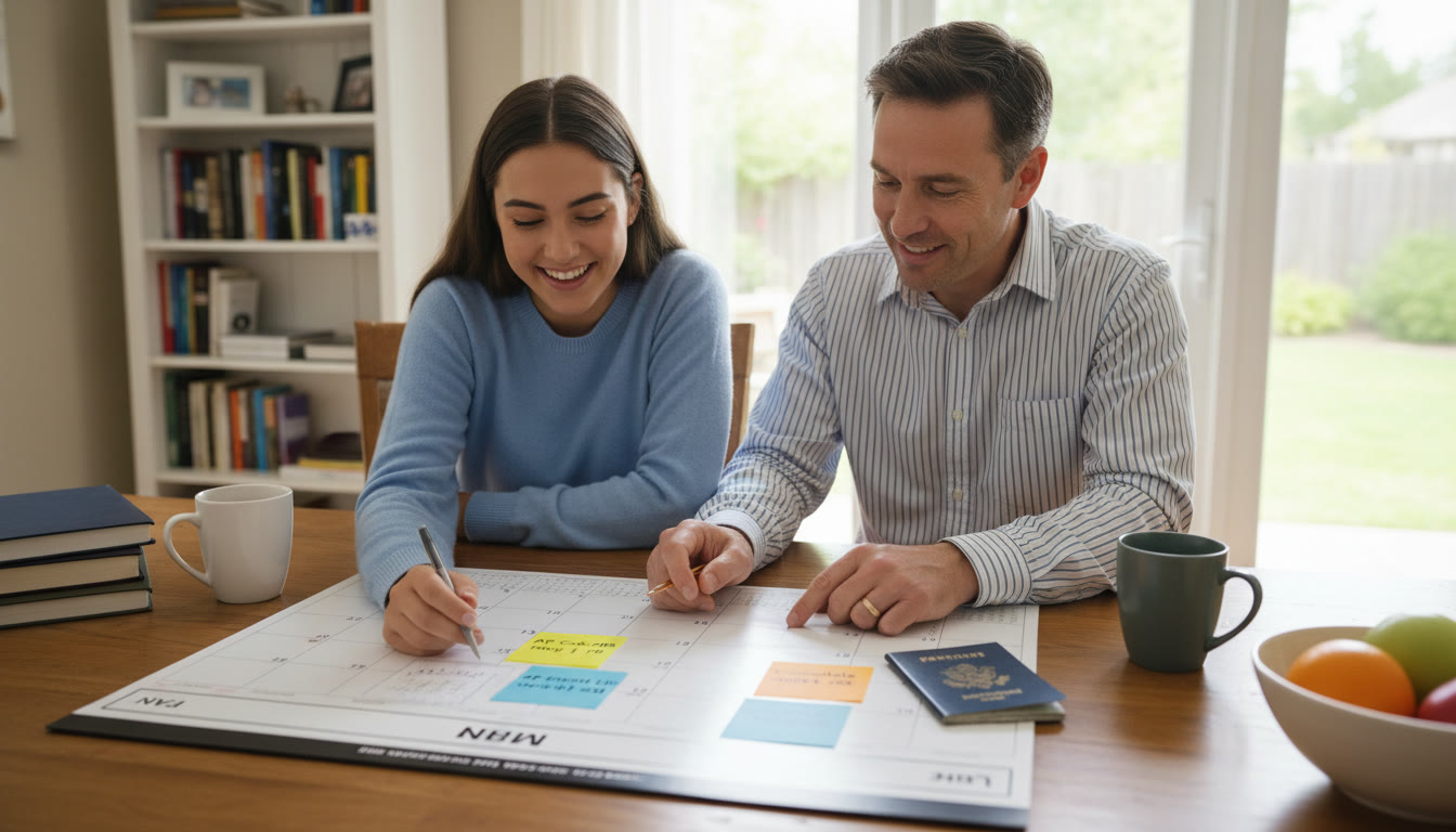 Photo Idea : A calm scene of a student and parent reviewing a calendar and passport together at a dining table, post-it notes marking exam dates and consulate appointments — evokes teamwork and practical planning.