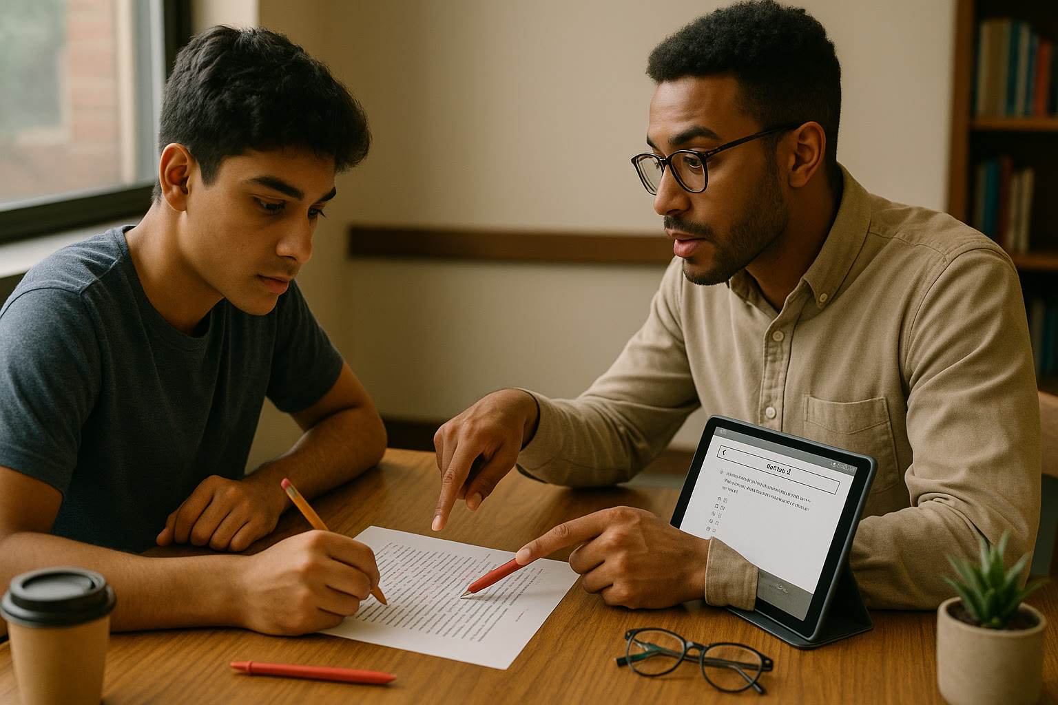 Photo Idea : A student and tutor sitting across from each other at a small table with a printed essay draft, red pen edits, and a tablet showing a digital SAT question—visualizing collaborative revision and the handoff from test prep skills to crafted narrative.
