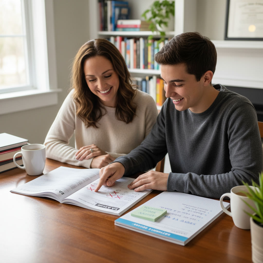 Photo idea: A tutor and student reviewing a practice SAT section together, with notes showing eliminated answer choices and a personalized study plan on the table.