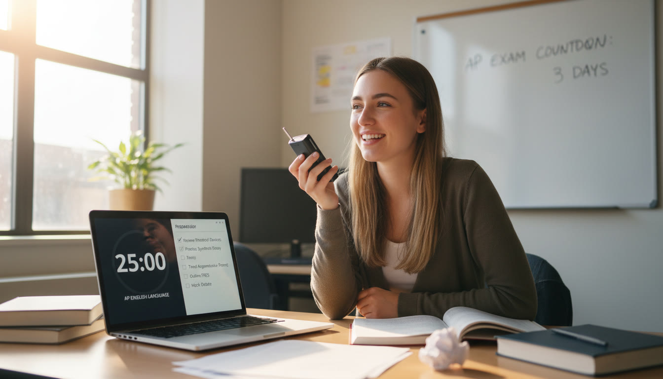 Photo Idea : A student practicing into a voice recorder with a laptop showing a timer and a prep checklist, illustrating the simulation environment.