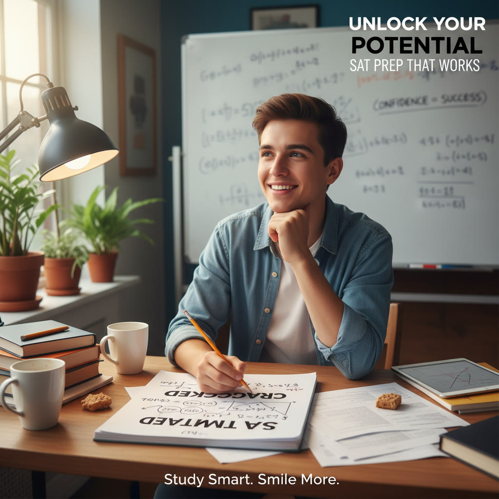 Student working at a desk, scribbling shortcuts and smiling as they solve mental math problems; shows the human, confident side of math practice.