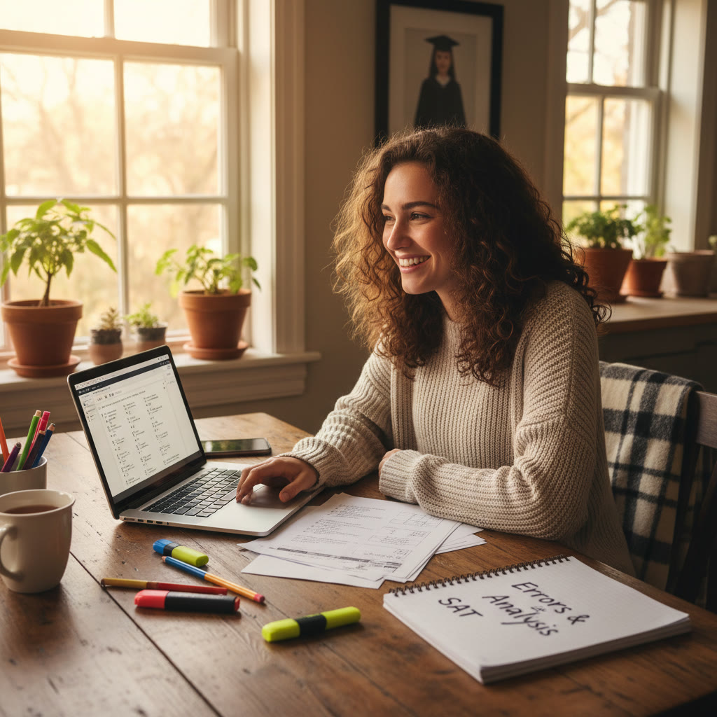 Photo idea: A student at a cozy kitchen table with a laptop, paper practice tests, and a notebook labeled 'Errors', sunlight through a window—shows focused gap-year study in a comfortable home setting.