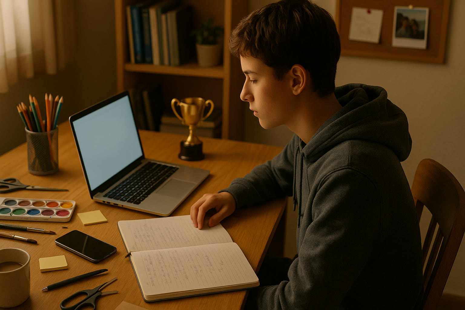 Photo Idea : A student sitting at a desk with a laptop, surrounded by a notebook, art supplies, and a trophy—visualizing the many sides of an applicant beyond tests.