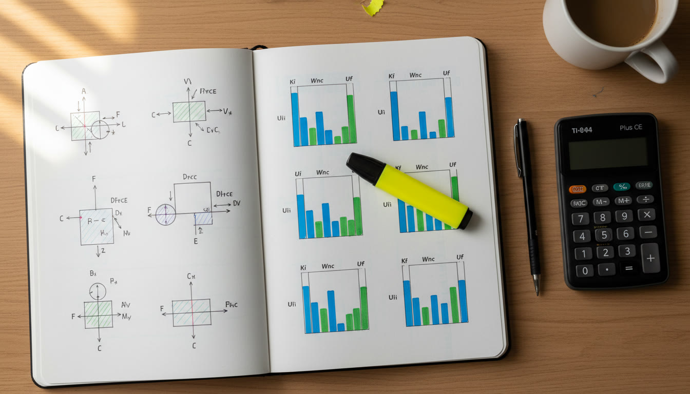 Photo Idea : A top-down photo of a student’s notebook with neat free-body sketches, energy bar diagrams, and a highlighter next to a calculator — natural light, slightly warm tone.