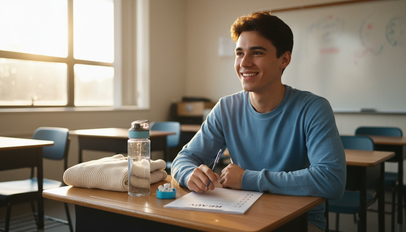 Photo Idea : A student at a classroom desk with a neat comfort kit (cardigan folded, water bottle, earplugs) and a calm checklist on the desk — illustrates preparedness and calm before the test.