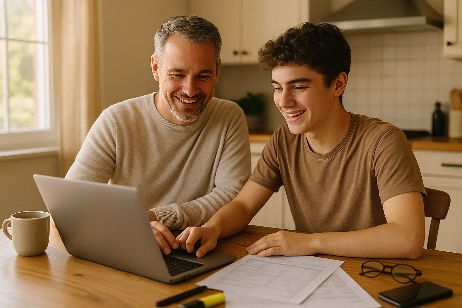Photo Idea : A candid, warm photograph of a parent and teen sitting at a kitchen table with a laptop and printouts, smiling and planning together — natural light, relaxed atmosphere.