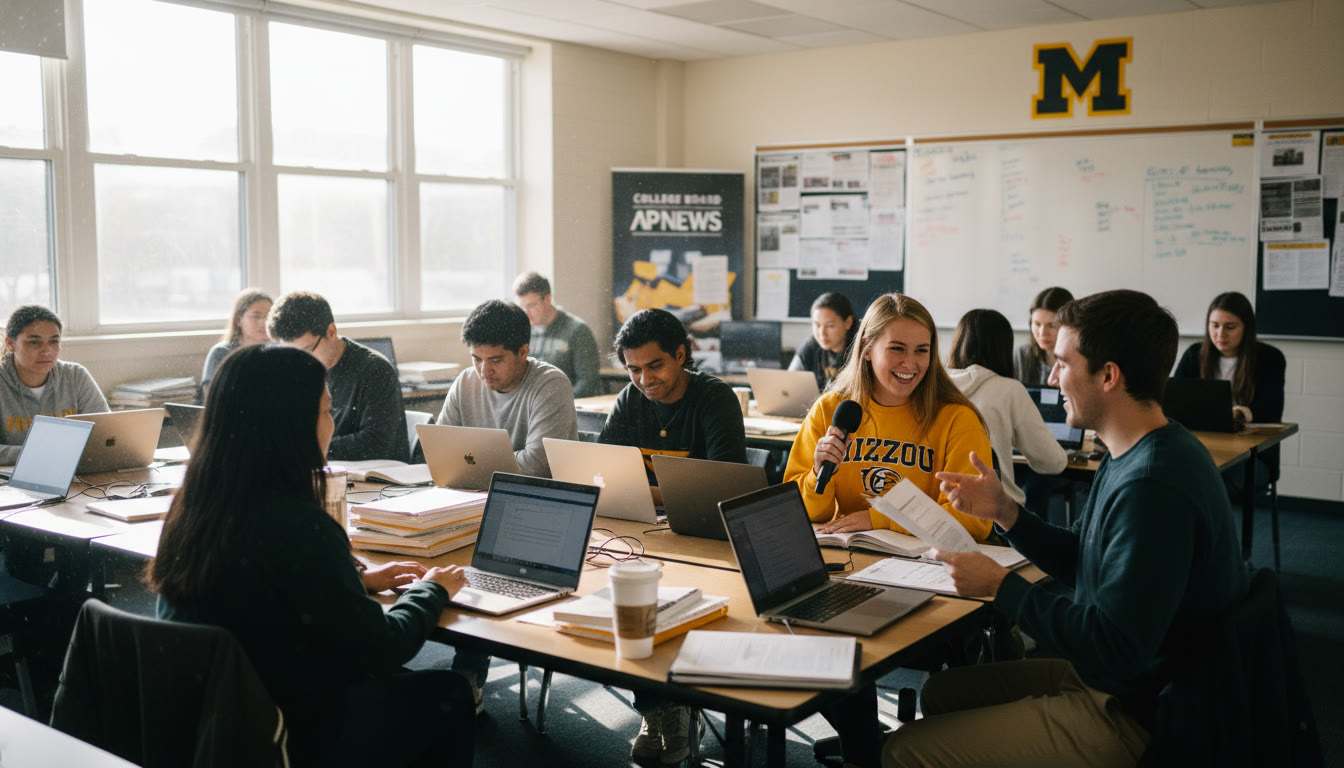 Photo Idea : A bright newsroom-style classroom with students working on laptops and printouts; one student interviews a classmate. Natural light and Mizzou colors subtly present.