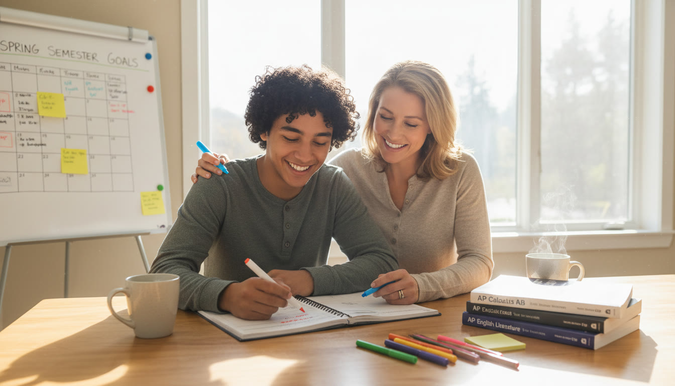 Photo Idea : A bright, hopeful image of a student and a parent reviewing a planner together, markers and test prep books visible symbolizing collaboration, planning, and supportive guidance.