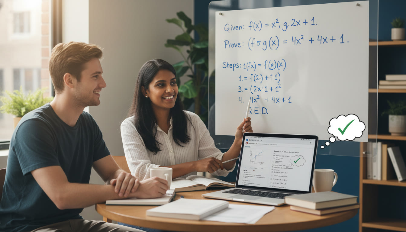 Photo Idea : A tutor and student seated at a small table, a whiteboard with a short derivation visible, and a laptop showing AP practice questions—visually connecting one-on-one feedback to proof-style reasoning development.