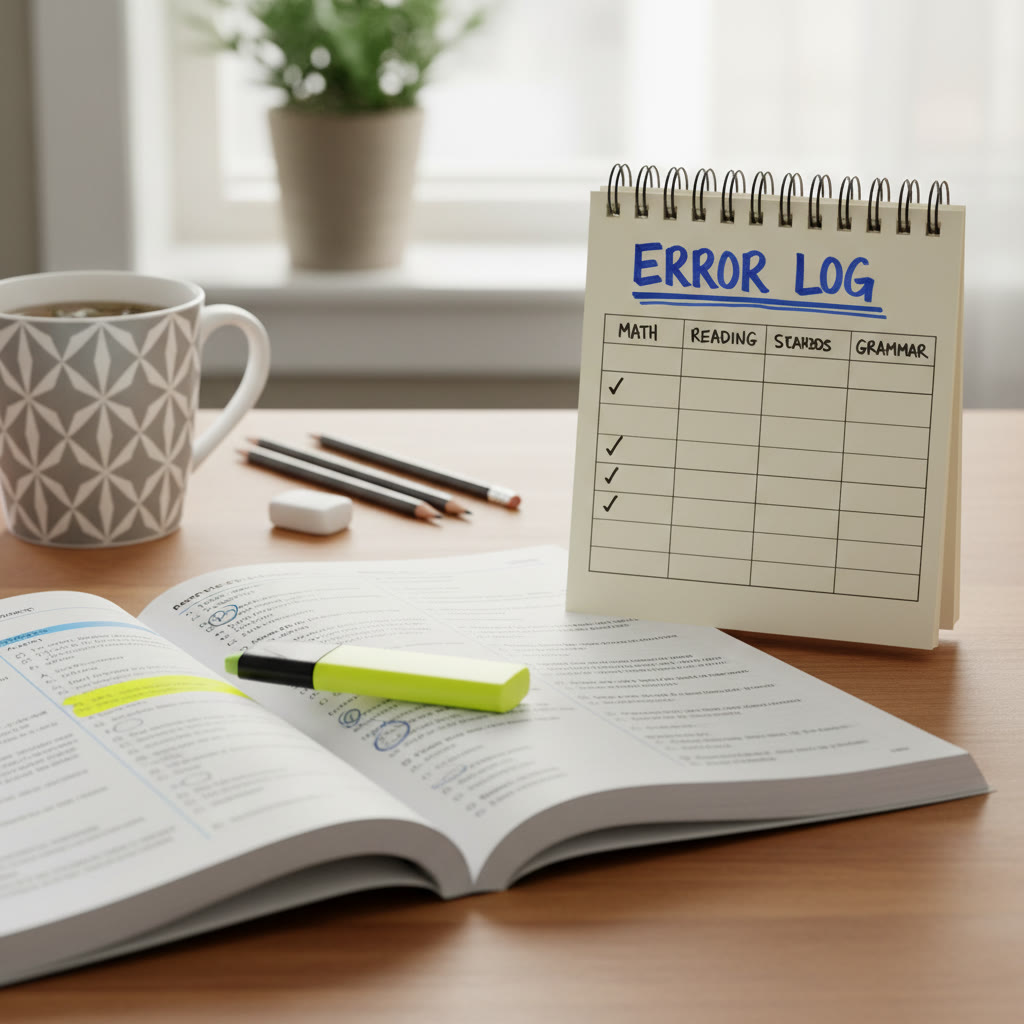 Photo idea: A clean desk with an open practice test, a highlighter marking mistakes, and a notecard titled “Error Log” showing categories like Math, Reading, and Grammar.
