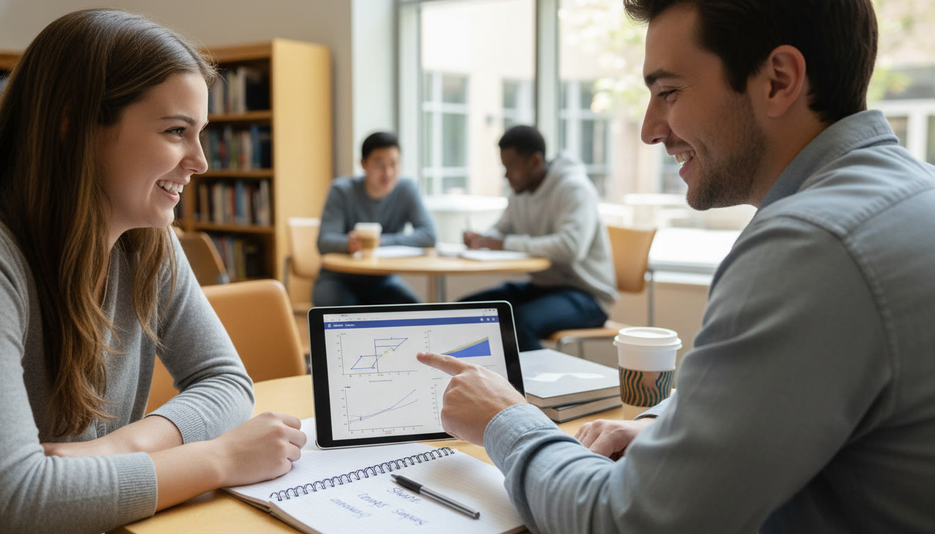 Photo Idea : A tutor and student reviewing graphs on a tablet, pointing at a boxplot while a notebook lists