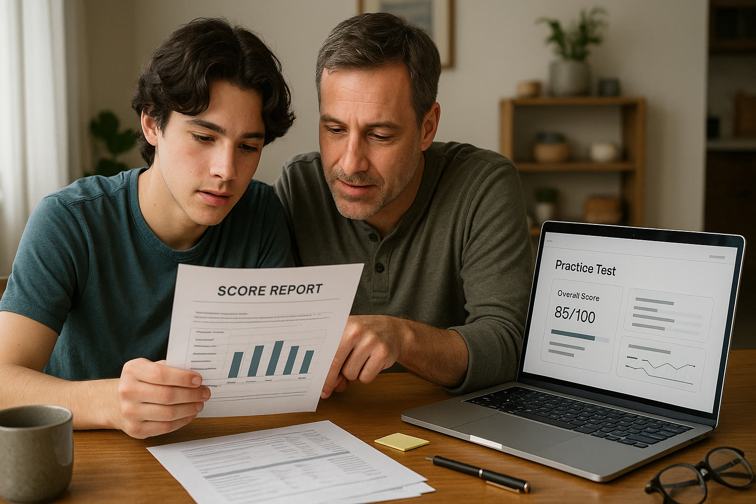 Photo Idea : A parent and teen reviewing a score report together at a dining table with a laptop open to a digital practice test dashboard.