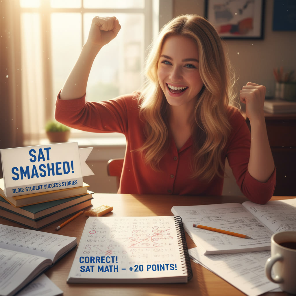 Student at a desk celebrating a small win — fist pump, scattered practice materials, and a notebook showing corrected problems.