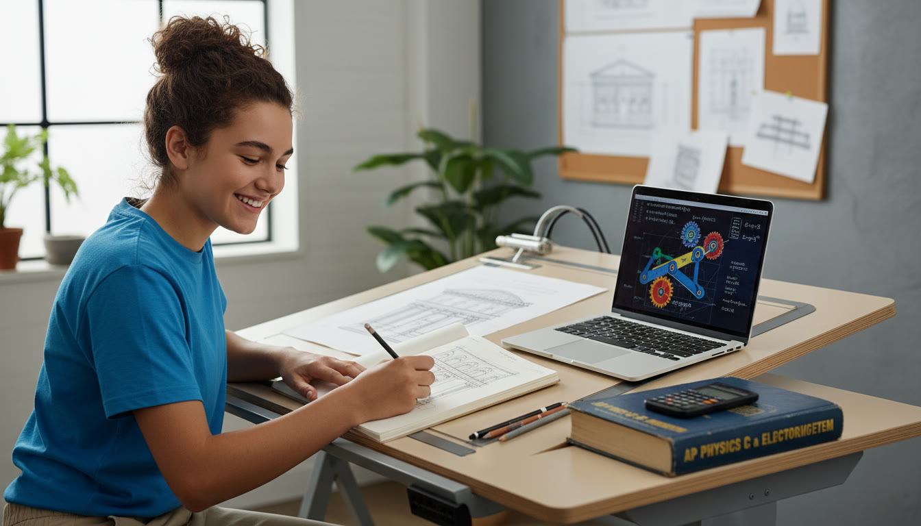 Photo Idea : A bright studio shot of a teenager sketching a building façade at a drafting table, with a laptop open to a technical diagram and a physics textbook stacked nearby — showing the blend of creative and analytical work.