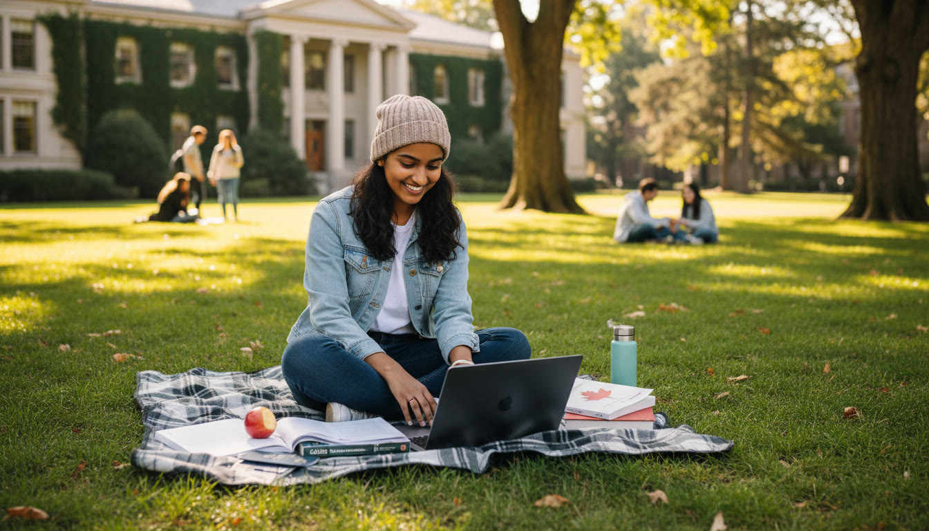 Photo Idea : A serene image of a student studying on a university campus lawn abroad—symbolizing successful transition from AP prep in India to university life in the US/UK/Canada.