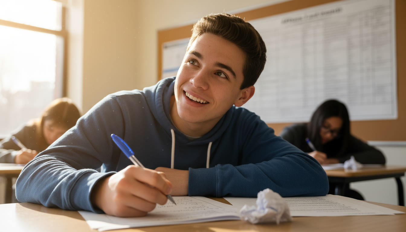 Photo Idea : A close-up of a student mid-problem solving with a pen poised over paper, the formula sheet visible in the background — capturing the active thinking stage between question and answer.