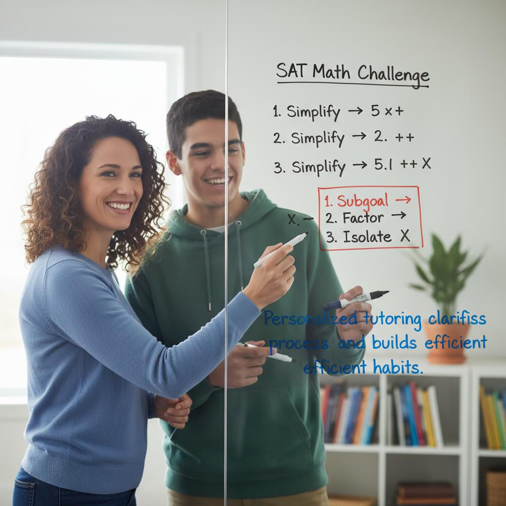 Photo idea: A friendly tutor and student reviewing a multi-step problem on a whiteboard, pointing at a highlighted subgoal sequence. Caption: 