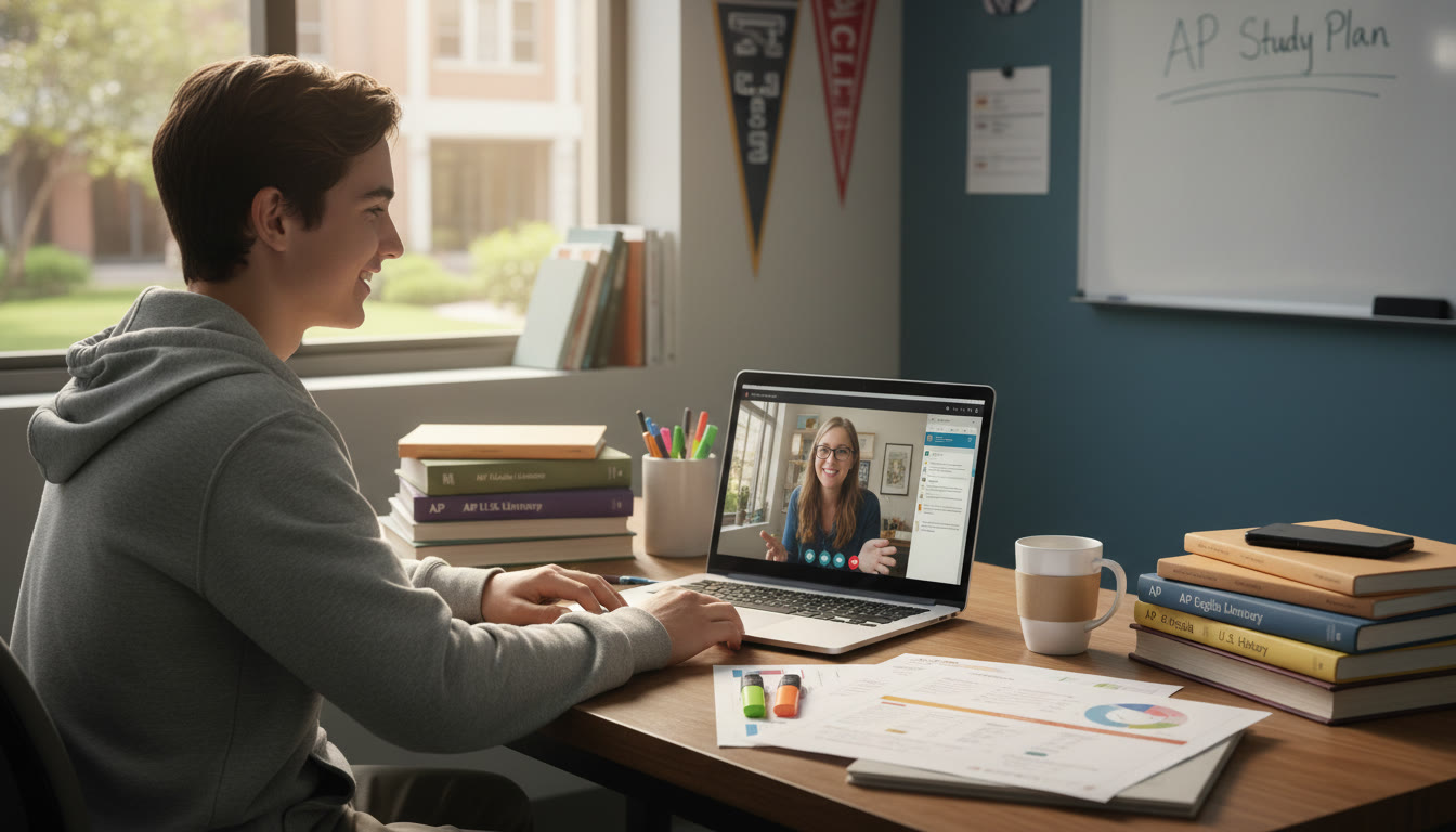 Photo Idea : A bright, reassuring image of a teen studying with a tutor via video call, with documents neatly organized on the desk — suggests partnership, modern tutoring support, and calm preparation.