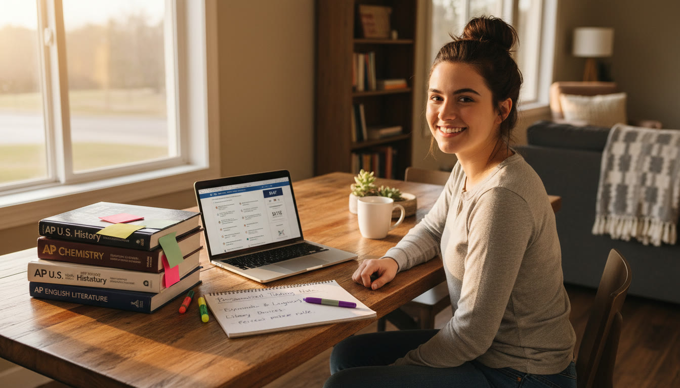 Photo Idea : A study scene late afternoon: a student at a kitchen table with AP textbooks on one side and a laptop displaying a digital SAT practice interface on the other   symbolizes juggling coursework and test prep with personalized tutoring notes nearby.