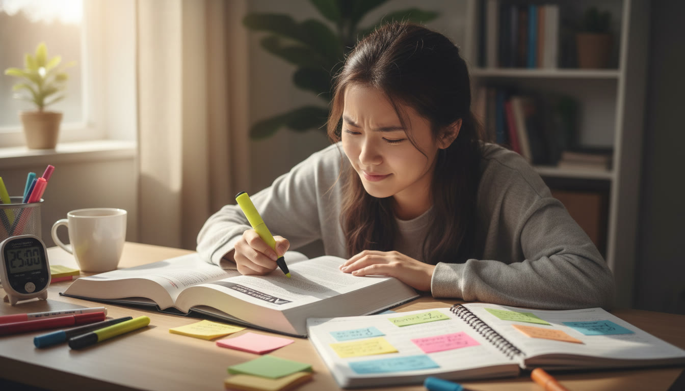 Photo Idea : A study desk with an open AP textbook, a notebook containing question prompts, sticky notes, and a timer. Warm natural light shows a student mid-highlight, representing focused active study.