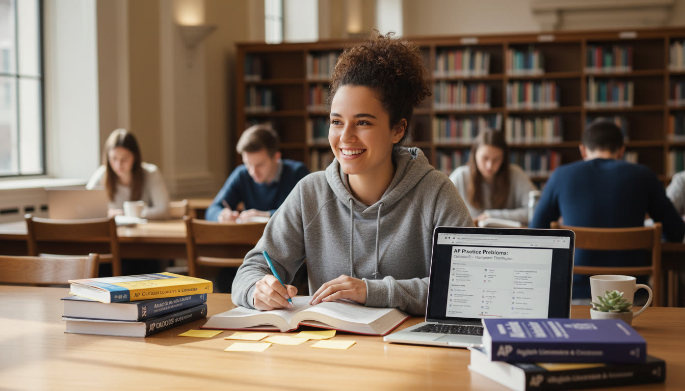 Photo Idea : A bright, candid photo of a diverse college student studying at a library table with AP textbooks, notes, and a laptop open to practice problems — evokes focused preparation and calm study habits.