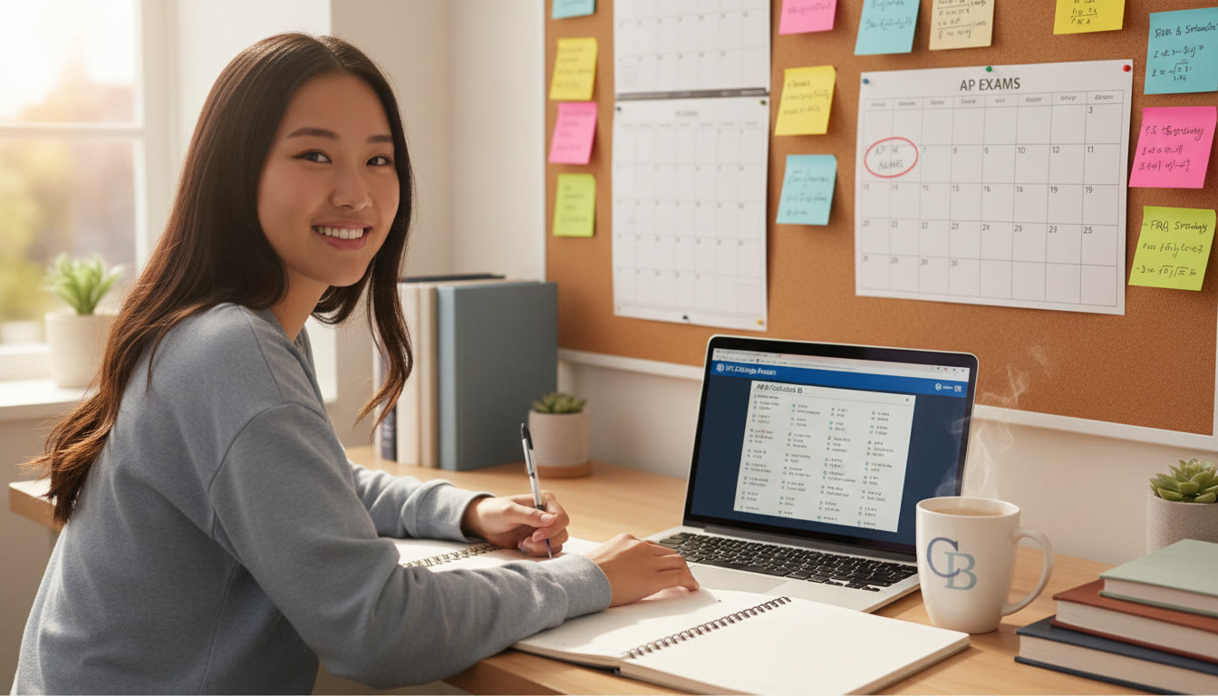 Photo Idea : A high-energy study scene in the top third of the article — a student at a tidy desk with a calendar, practice test on a laptop, sticky notes on a wall, and a cup of coffee. The mood is focused but calm, signaling purposeful preparation.