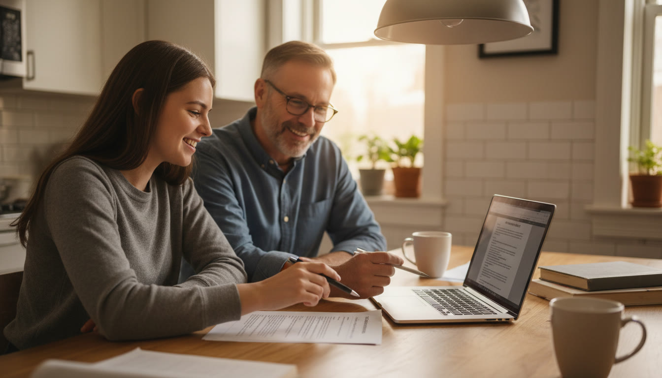 Photo Idea : A student and parent discussing a lab report at a kitchen table, pen in hand, a laptop open to a draft — warm light, relaxed posture, showing collaboration and mentoring.
