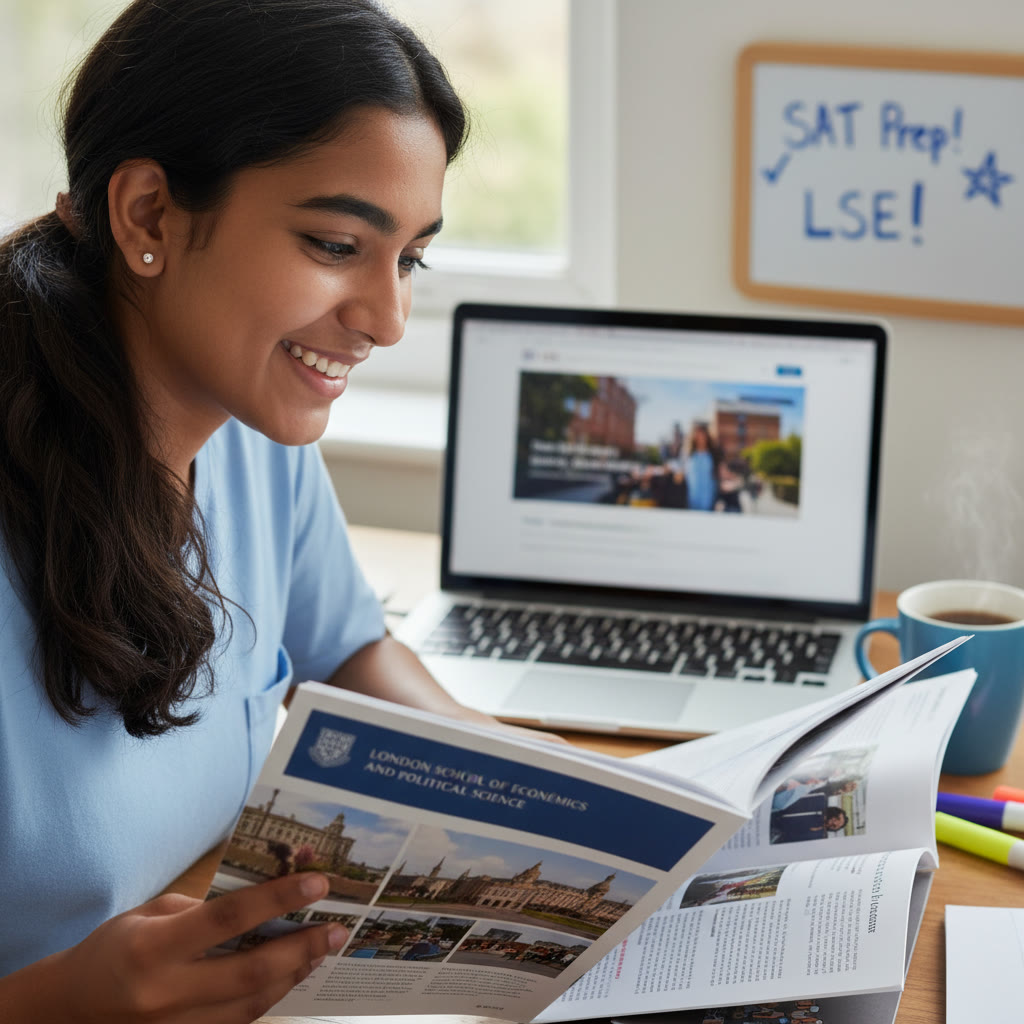 Photo Idea : Close-up of a student reading an LSE prospectus on a desk with a laptop showing the LSE homepage blurred in the background — conveys research and official checking of requirements.