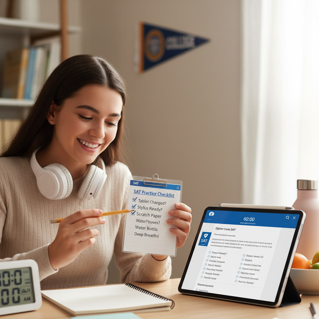 Close-up of a student checking a small checklist before starting a practice digital SAT session, with a timer and a notebook