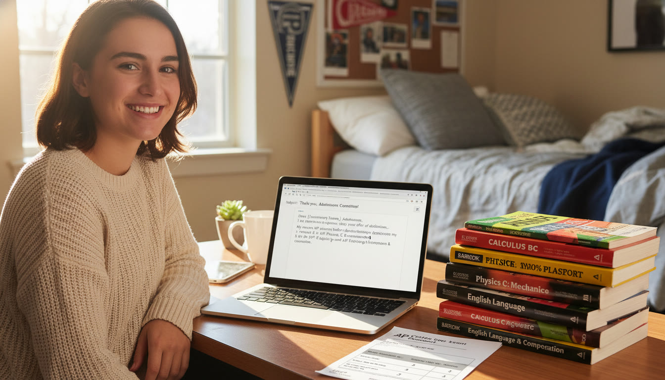 Photo Idea : A student at a desk composing an email on a laptop with a stack of AP review books and a printed AP score report beside them — natural light, warm tones. (Top 30% placement)