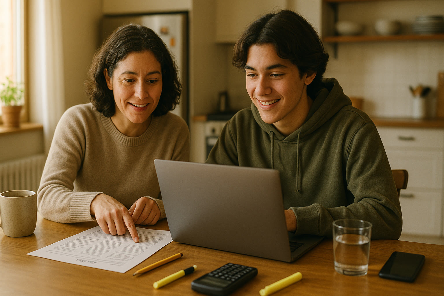 Photo Idea : A warm, candid photo of a parent and high school student sitting at a kitchen table with a laptop and practice test pages, smiling and planning together. The image should feel collaborative and calm.