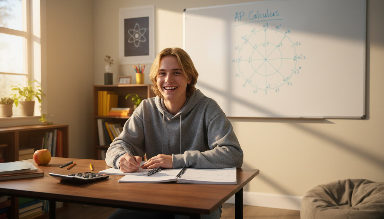 Photo Idea : A student at a desk with an open notebook, graphing calculator beside them and a whiteboard behind showing a unit circle sketch — warm natural light, relaxed study atmosphere.