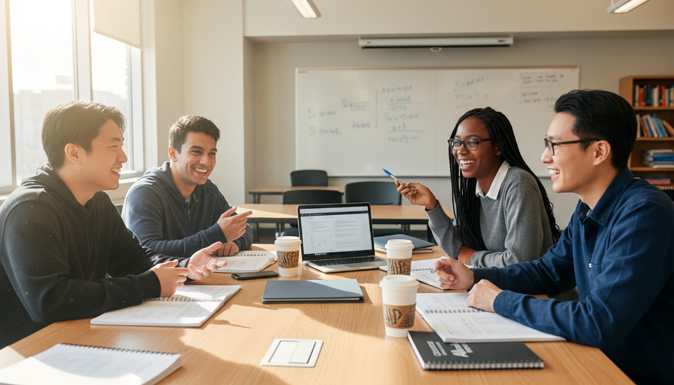 Photo Idea : A classroom scene showing a group of diverse students in discussion around a table, with notebooks and laptops open — capturing collaborative learning and interpersonal exchange. Place this near the start of the article to set the conversational tone.
